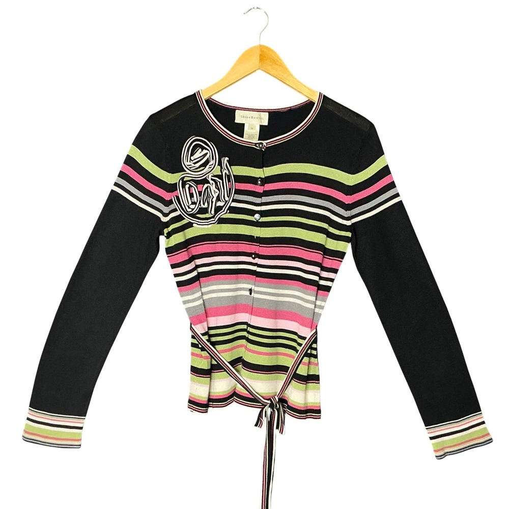 Susan Bristol Belted Cardigan Striped Black Pink Green Boho Artsy Women